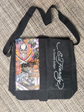Ed Hardy Black Crossbody Messenger Bag with Multicolor Tattoo Panel